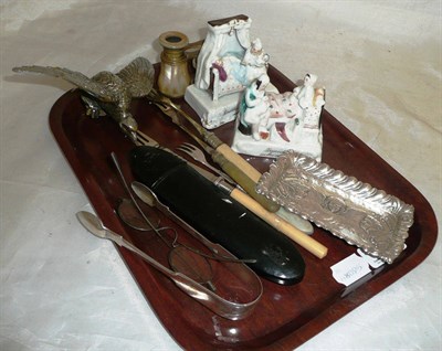 Lot 25 - Embossed silver cherub pin tray, silver sugar nips, papier mache glasses case, mother of pearl...
