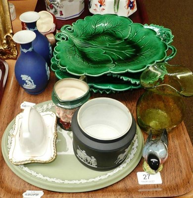 Lot 27 - Tray of decorative items including green glaze plates, pair of Jasperware vases, Beswick bird,...