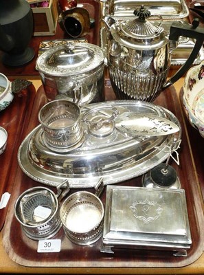 Lot 30 - A silver cigarette case, a silver ring tree, plate entree dish, a biscuit box, water jug and...