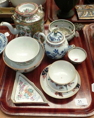 Lot 31 - Tray of assorted Oriental ceramics including 18th century famille verte dish, Canton teapot,...