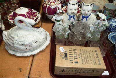 Lot 44 - Pair of pottery cats, swan dish and cover, pair of figures, Pall Mall glass ware and a...