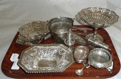 Lot 47 - Assorted silver bonbon dishes, pierced silver pedestal bowl, silver salt, bucket etc