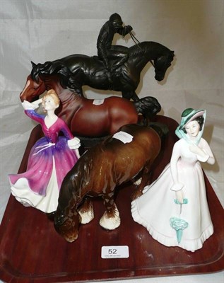 Lot 52 - Beswick horse, Royal Doulton horse, two Royal Doulton figures and a Geenty bronzed resin horse (5)