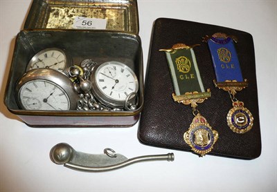 Lot 56 - Three pocket watches, Bussons whistle and Masonic jewels