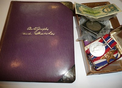 Lot 66 - A sketch book with silver mounts, three World War II medals and a quantity of coinage