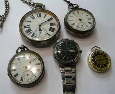 Lot 78 - Two silver pocket watches, nickel plated pocket watch, silver watch chain and a steel Omega Dynamic