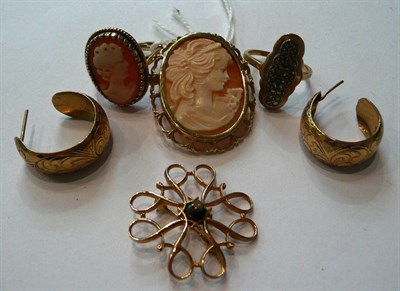 Lot 86 - A 9ct gold cameo brooch, a 9ct gold brooch, a pair of 9ct gold earrings, a 9ct gold cameo ring...