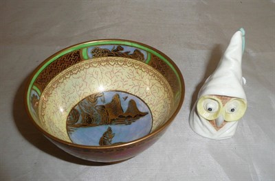 Lot 103 - Wedgwood ordinary lustre small bowl and a Royal Worcester Owl snuffer