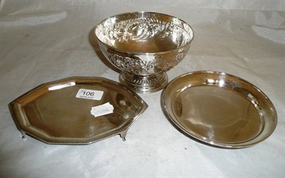 Lot 106 - A silver teapot stand, a circular dish and a footed bowl