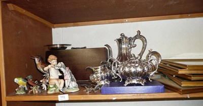 Lot 110 - A shelf of assorted bird ornaments, a plated tea service, prints etc