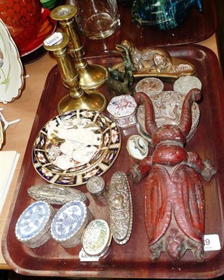 Lot 129 - Pair of brass candlesticks, Royal Crown Derby saucer and plate, two silver mounted boxes and...