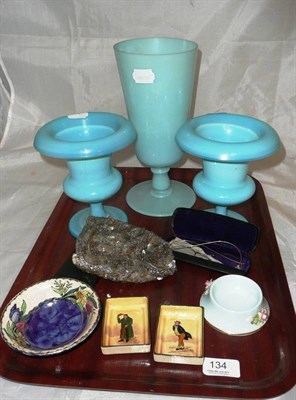 Lot 134 - Pair of turquoise glass pedestal vases, large vase, Maling dish, sequin cap, pair of Doulton...