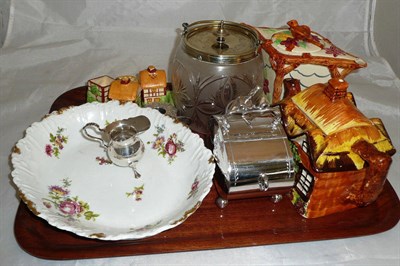 Lot 135 - A silver cream jug, a plated cut glass biscuit barrel, decorative ceramics etc