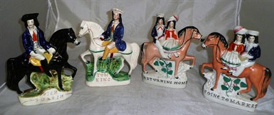 Lot 137 - Two pairs of Staffordshire figures Tom King, Dick Turpin, Going Away and Returning Home (4)