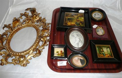 Lot 147 - Giltwood oval frame, two miniatures, modern miniatures etc