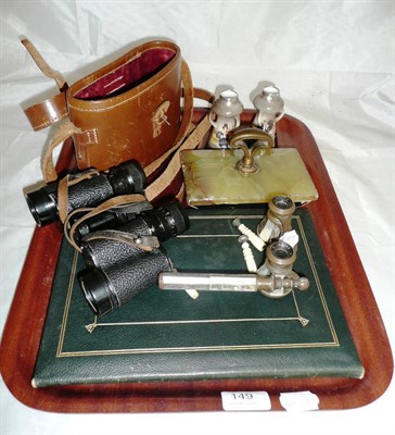 Lot 149 - A tray of collectables including leather folder, binoculars, opera glasses, blotter, three...