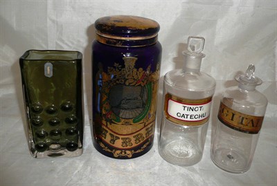 Lot 168 - Whitefriars smoky grey vase, two chemists jars and reproduction blue glass jar and cover