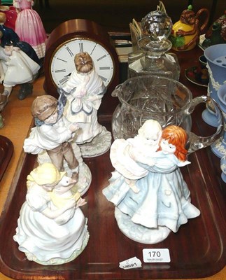 Lot 170 - Three Coalport figures, Royal Worcester figure 'Love', modern mantel clock, cut glass decanter...