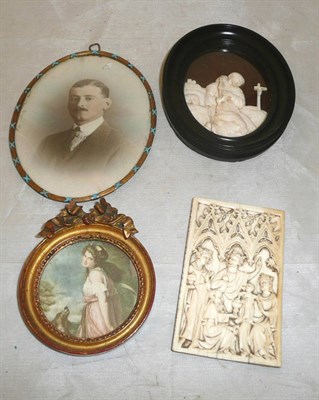 Lot 195 - Small carved ivory panel, carved bone relief picture, gilt metal and turquoise enamel oval...