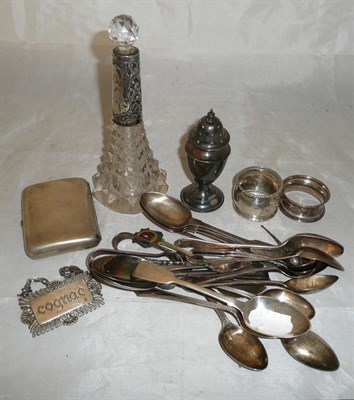 Lot 203 - Silver including two sets of six teaspoons, pepper, cigarette case, pair of mustard spoons,...