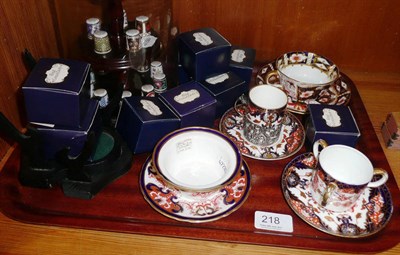 Lot 218 - Four Royal Crown Derby cups and saucers in the Imari palette, collection of thimbles and stands...