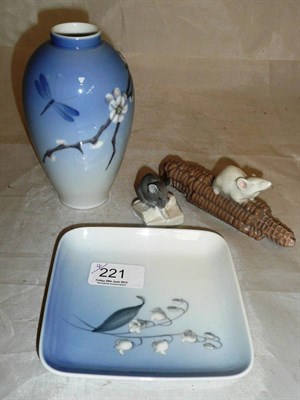 Lot 221 - Four pieces Royal Copenhagen china including dish, vase, mouse on corn cob and a mouse