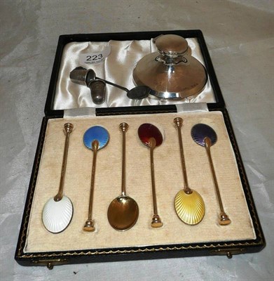 Lot 223 - Boxed set of enamelled silver spoons, silver inkwell, two thimbles and a spoon