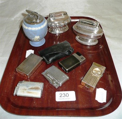 Lot 230 - Blue Jasperware table lighter, plated lighters etc (quantity)