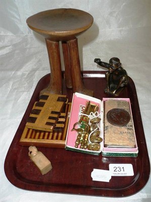 Lot 231 - Assorted collectors' items including an ethnographic head rest, brass seated monkey, Bezique...