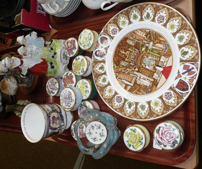 Lot 234 - A Coalport souvenir vase and a plate, a Yardley's figure group, eleven enamel pill boxes and covers