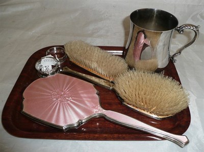 Lot 248 - A silver and enamel three piece dressing table set, two napkin rings and a plated mug