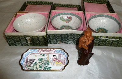 Lot 251 - Three Japanese egg shell porcelain bowls, carved root/burr figure, and an enamel oblong dish (5)