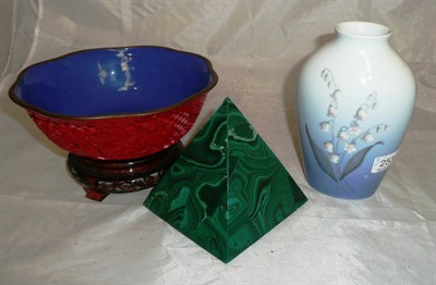 Lot 253 - A malachite pyramid weight, a Copenhagen cinnabar bowl and stand