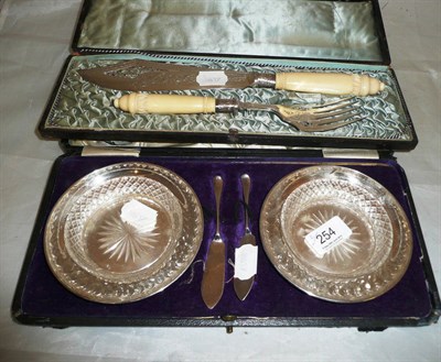 Lot 254 - Pair of silver butter dishes with cut glass liners and silver butter knives (cased) and plated fish