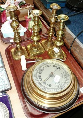 Lot 255 - Brass mounted circular wall barometer, four brass candlesticks, sovereign scales etc