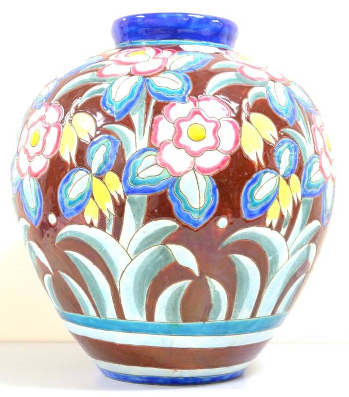 Lot 679 - A Boch Freres Keramis Vase, pattern D.1704, of globular design, decorated with roses, on a deep red