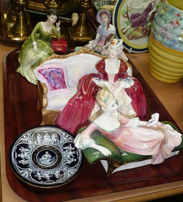 Lot 263 - Four assorted Royal Doulton figures and an enamel decorated saucer dish