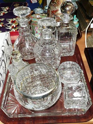 Lot 271 - Three cut glass decanters, three silver labels and a quantity of cut glass