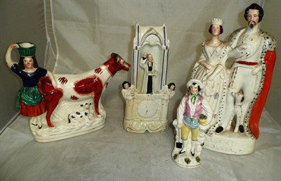 Lot 276 - Staffordshire figure group Queen and King of Sardinia, Pulpit group, Staffordshire cow spill...