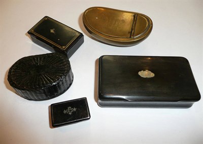 Lot 289 - Brass snuff box bearing name (worn), and four treen snuff boxes