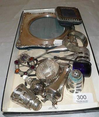 Lot 300 - Silver frame, pepperette, nail buffer, hinged bangle, teaspoons etc