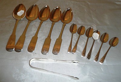 Lot 315 - Three Scottish silver tablespoons, two other silver tablespoons, six teaspoons and sugar tongs