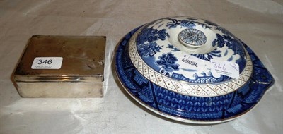 Lot 346 - Silver cigarette box and a real old willow pattern warming dish (2)