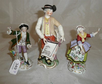 Lot 349 - An 18th century Frankenthal figure of a street vendor (a.f.) and a pair of continental figures