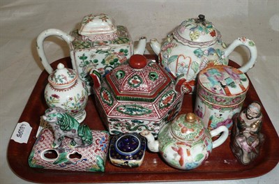 Lot 355 - Tray of assorted Oriental ceramics including squat hexagonal Koro and cover, two teapots,...