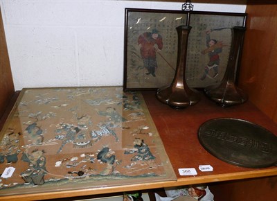 Lot 368 - Chinese embroidered picture, painting on silk, pair of lobed vases and mirror