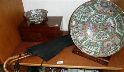 Lot 373 - Mahogany writing slope and two modern Chinese bowls with stand and two umbrellas with silver mounts