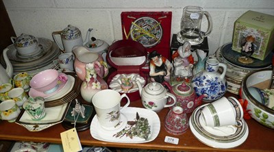 Lot 378 - Shelf of decorative ceramics including lobster salad bowl and servers, pair of pottery figures,...