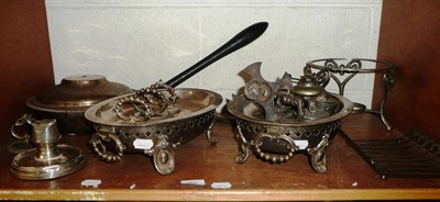 Lot 382 - Silver match striker (a.f.), pair of Elkington & Co plated warmers and other plated ware