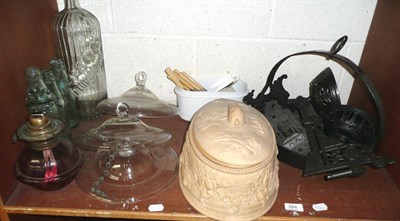 Lot 384 - Oval pottery tureen and cover, cast iron wall brackets, three glass hanging shades etc